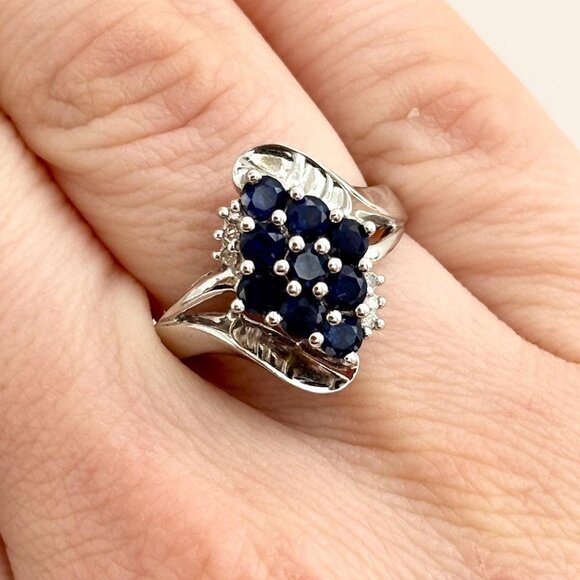 Vintage America Jewelry - 10k White Gold Blue Sapphire & White Diamond Vintage Gemstone Cocktail Ring sz 7